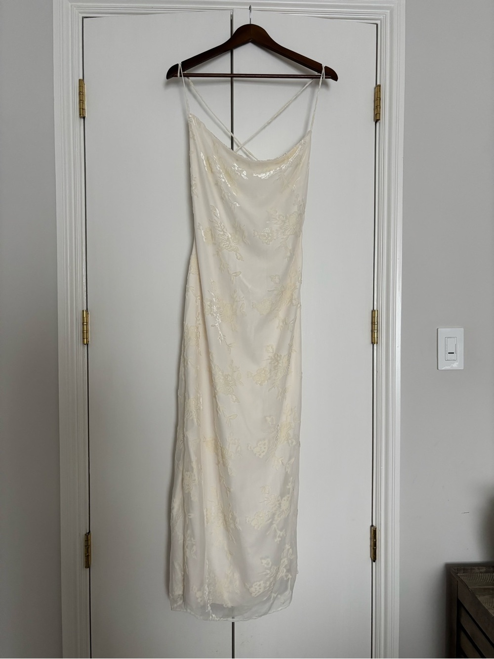 Meshki Ivory Satin Jacquard Cowl Neck Slip Dress
